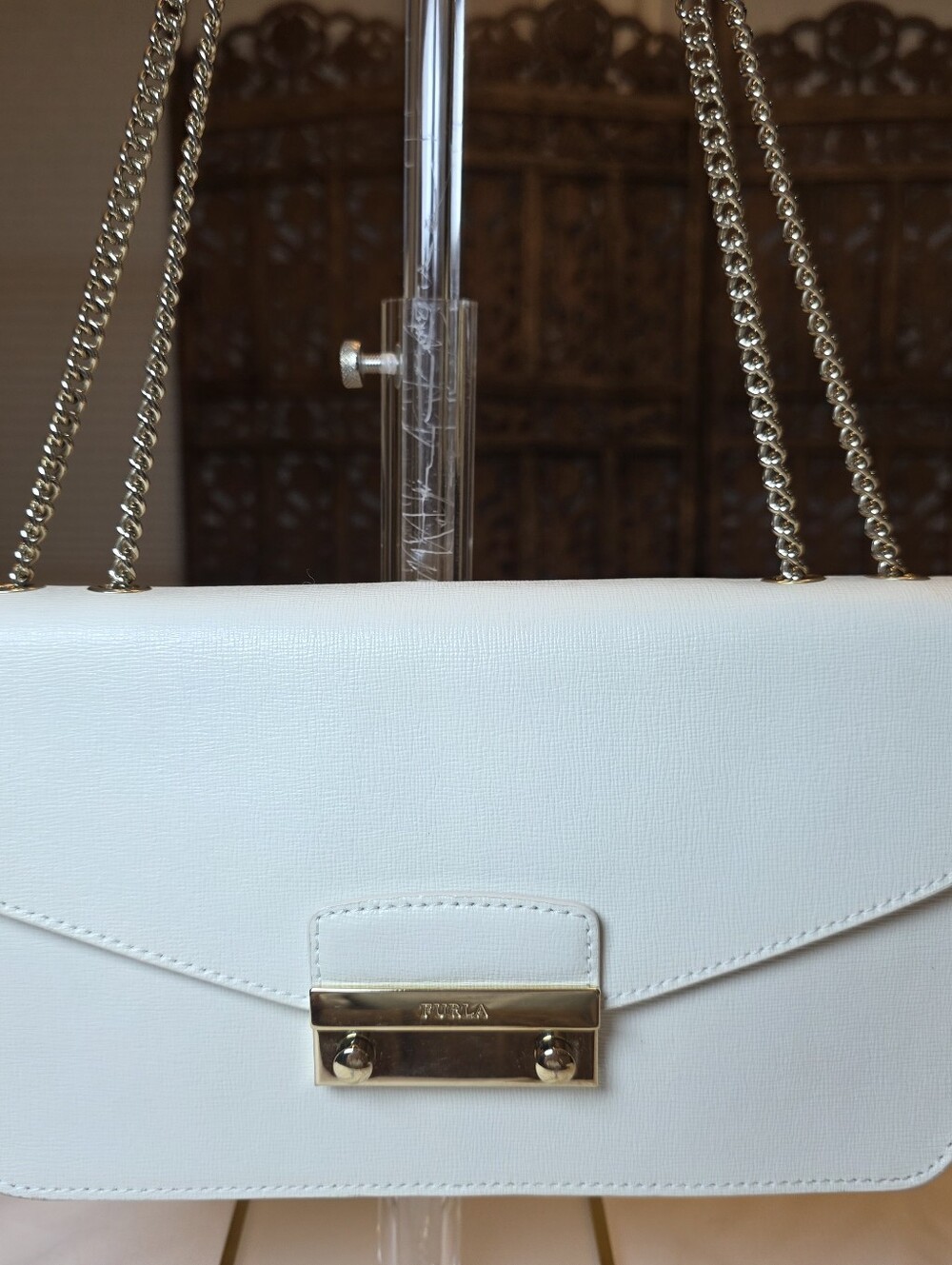 Furla Metropolis White Leather Chain Crossbody Bag Gold Hardware